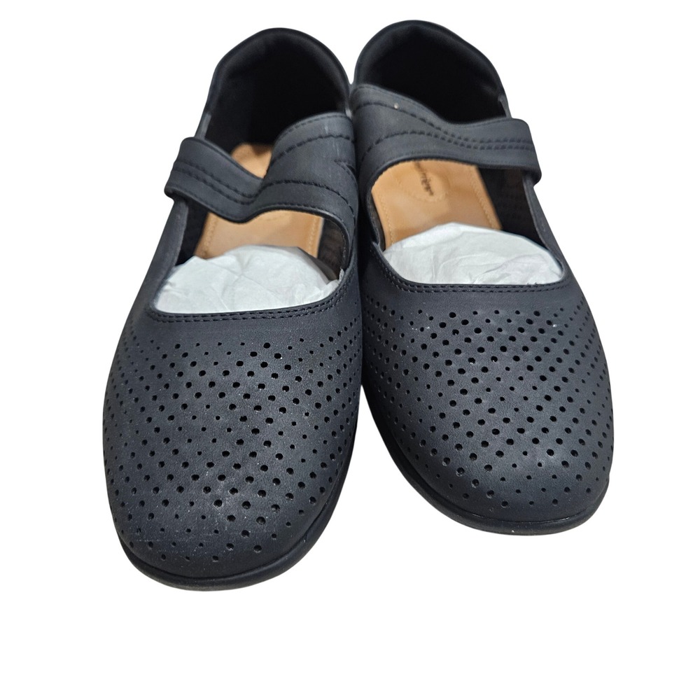 Comfortview Ezra Mary Jane Women 9.5WW Black Perforated Strap Comfort Flats - Picture 2 of 11
